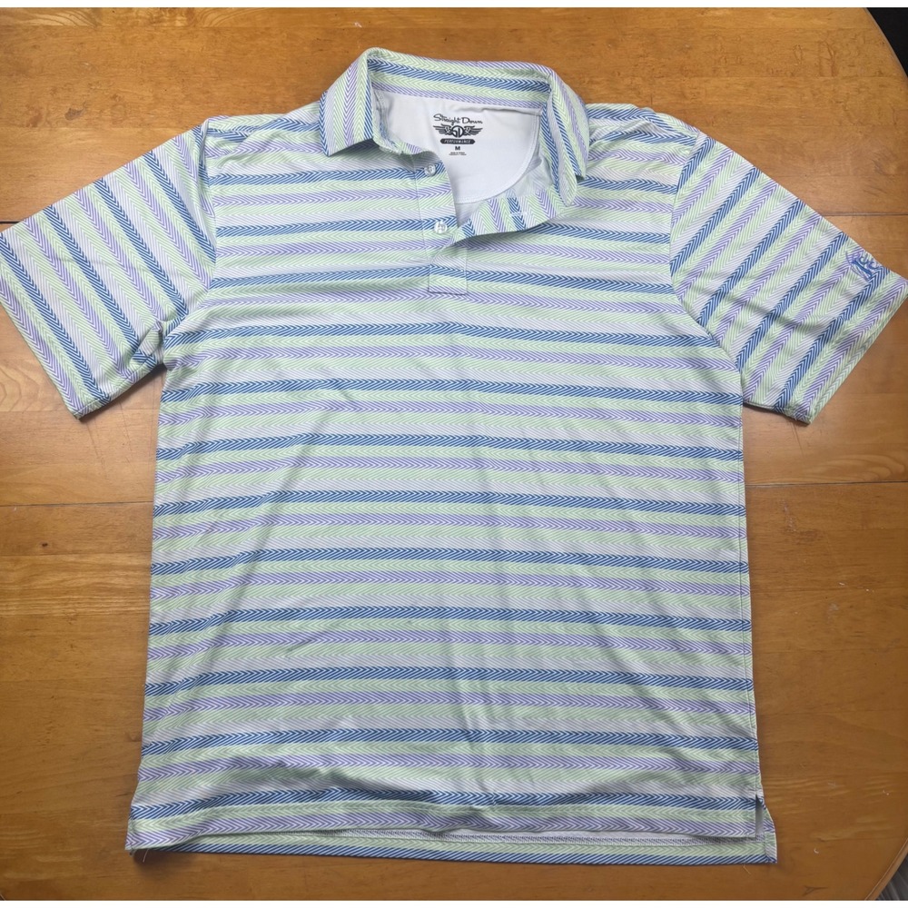 Straight Down Performance Mens Medium Polo Shirt Chevron Stripe Golf Blue Green‎